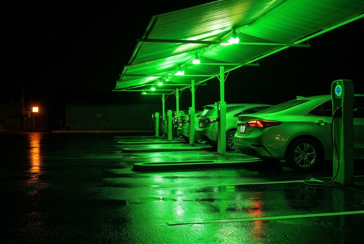 Canopy over the charging bays at night