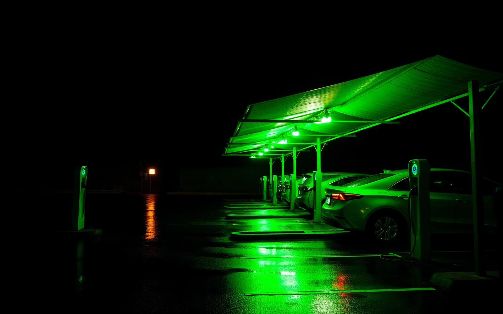 Canopy over the charging bays at night